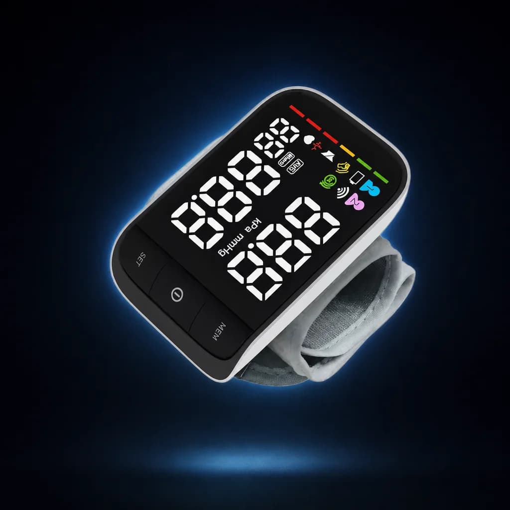 Wireless wrist blood pressure monitor floating against a dark backdrop